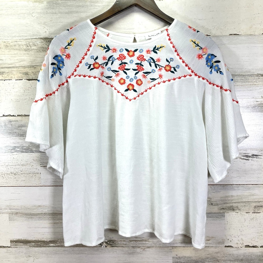 Hailey & Co Womens White Floral Embroidered Flare Slv Boho A Line Shirt Size S